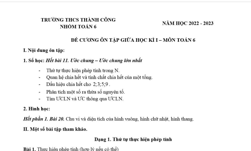 Toán 6: Đề cương Ôn tập giữa học kì 1. Trường THCS Thành Công năm học 2022-2023